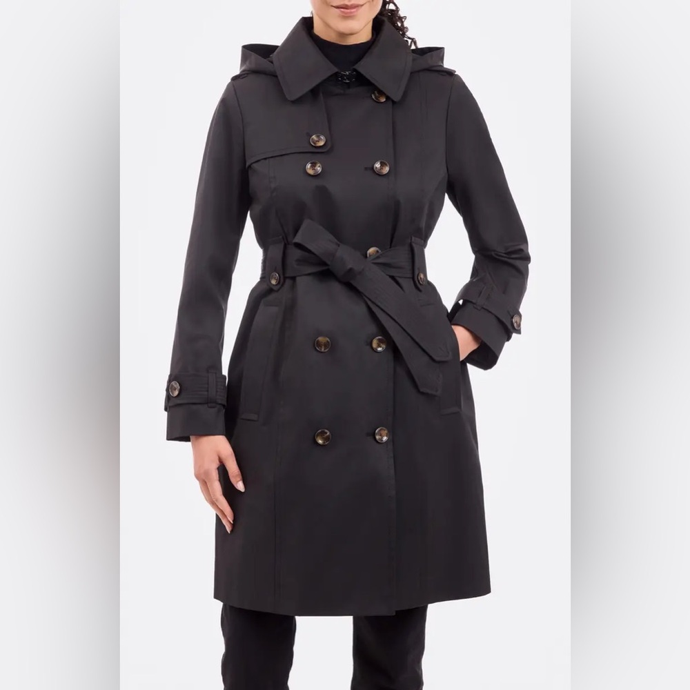 London Fog Black Double-Breasted Trench with Waist Tie size M